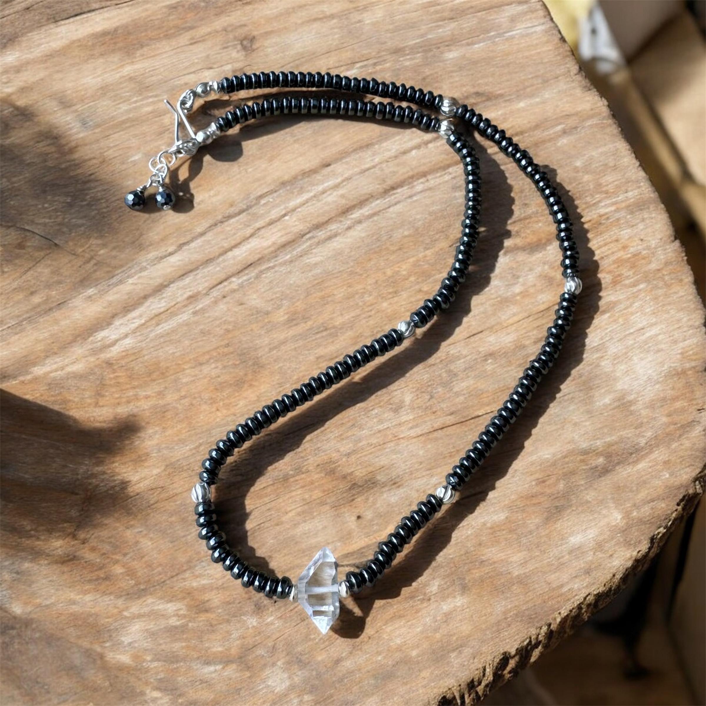 Beaded necklace with Hematite and Herkimer diamond