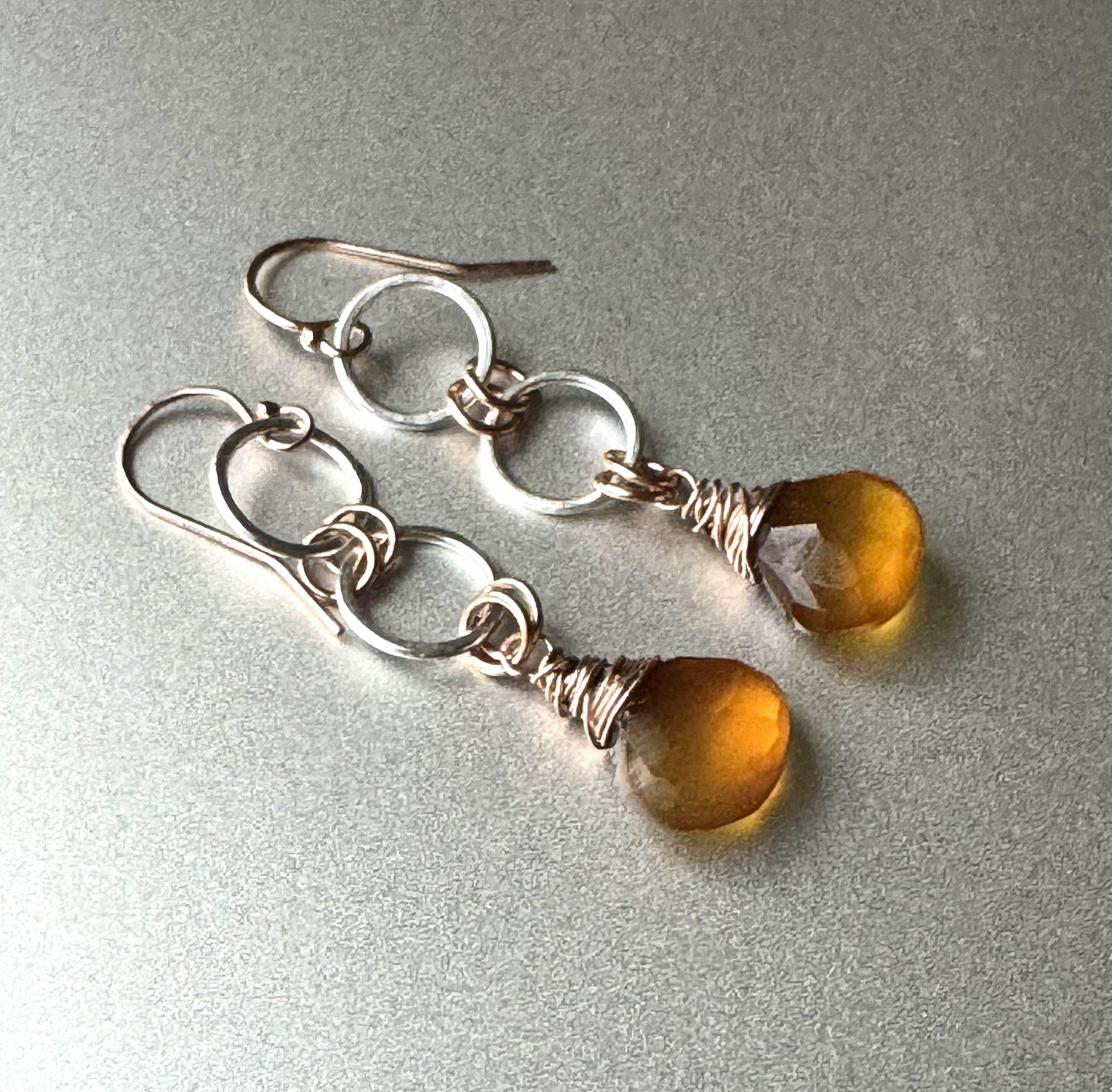 Honey yellow Chalcedon earrings in rose gold and sterling silver mixed metals.