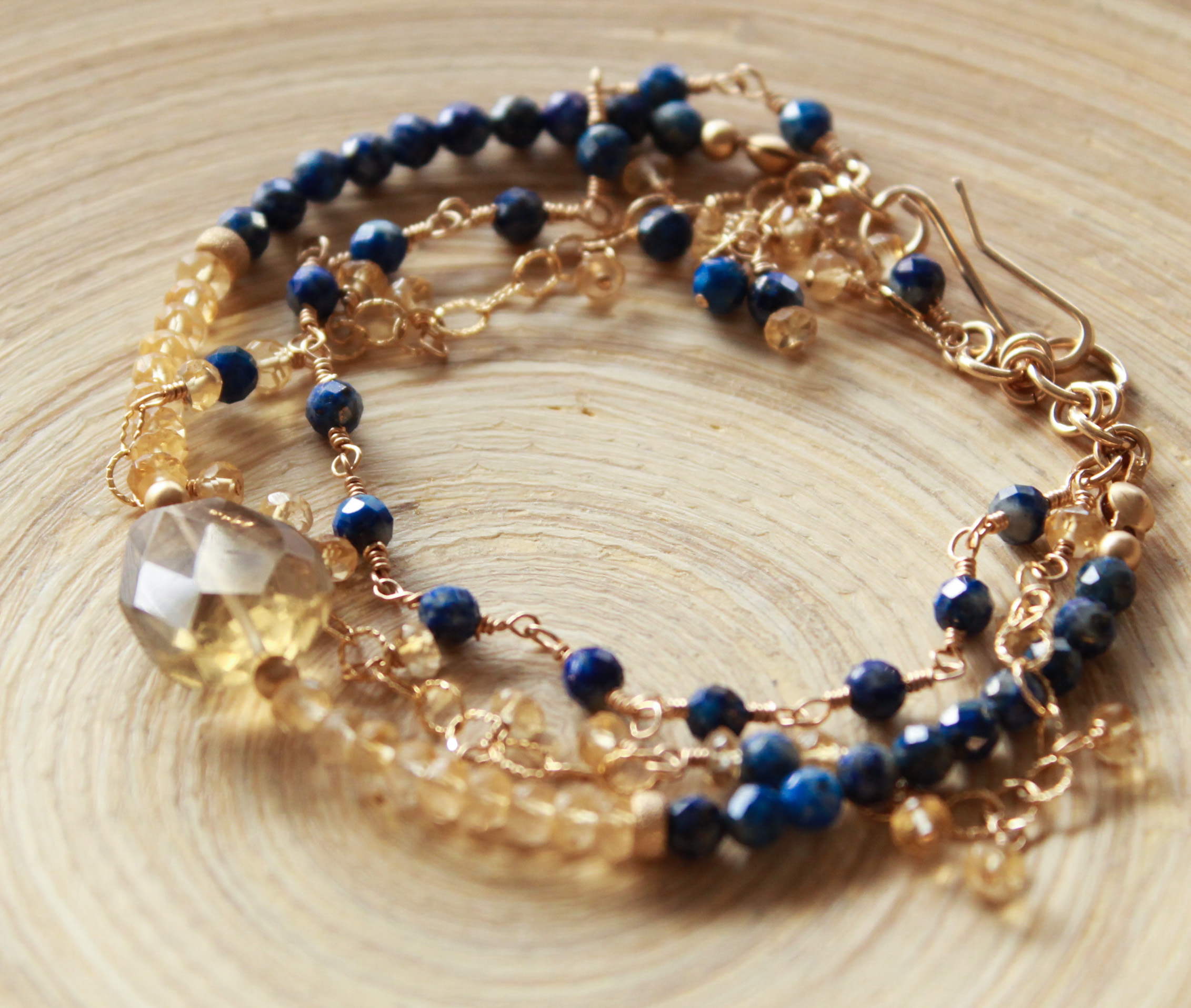 Handmade gemstone bracelet with Citrine and Lapis Lazuli