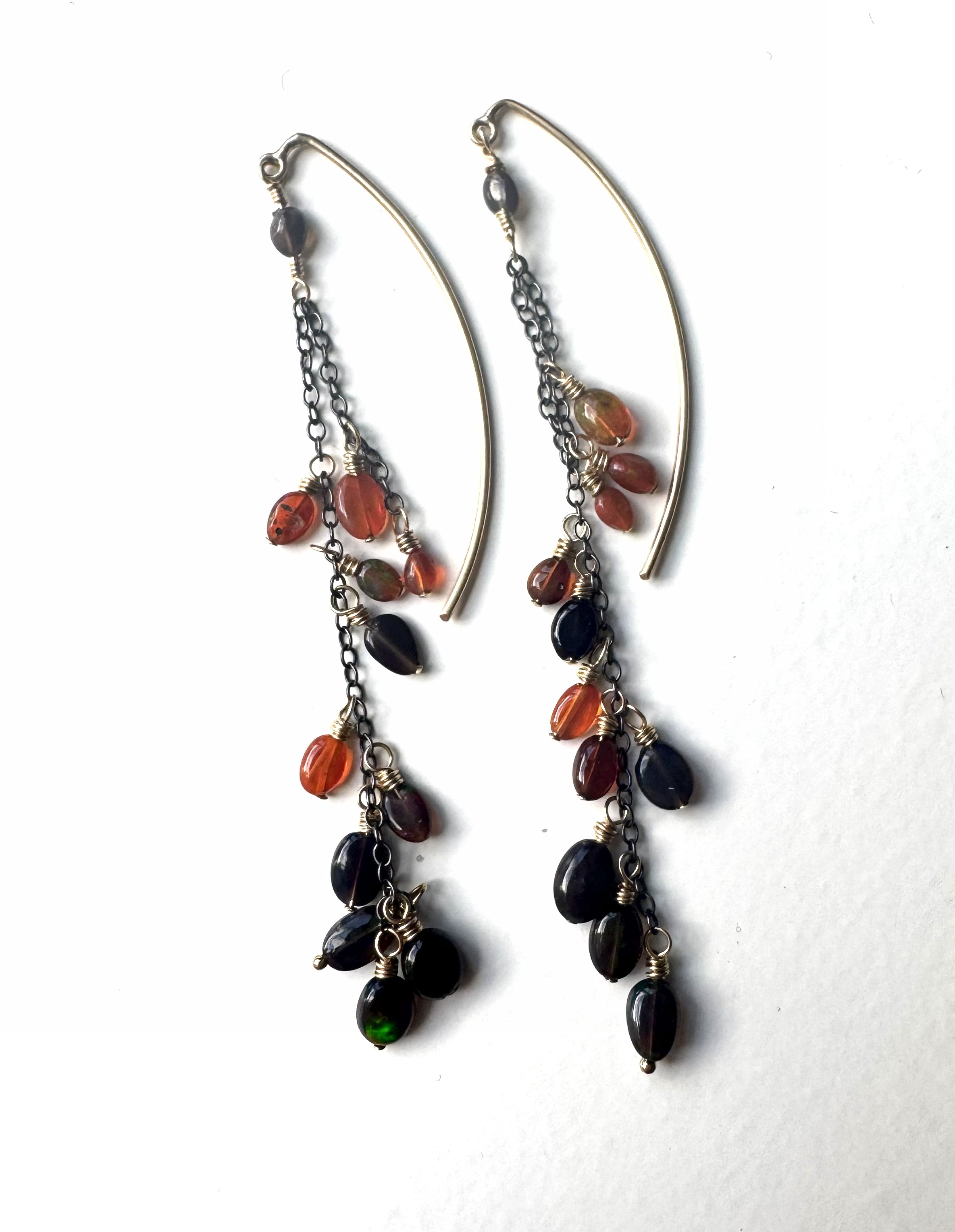 Ethiopian Opal thread earrings. Unique design in gold and oxidized silver