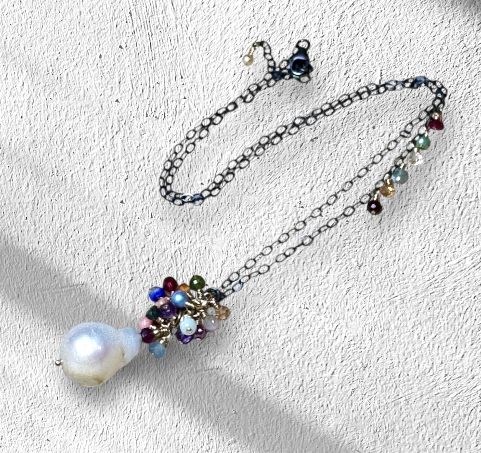 Colorful Gemstone and Pearl Pendant Necklace