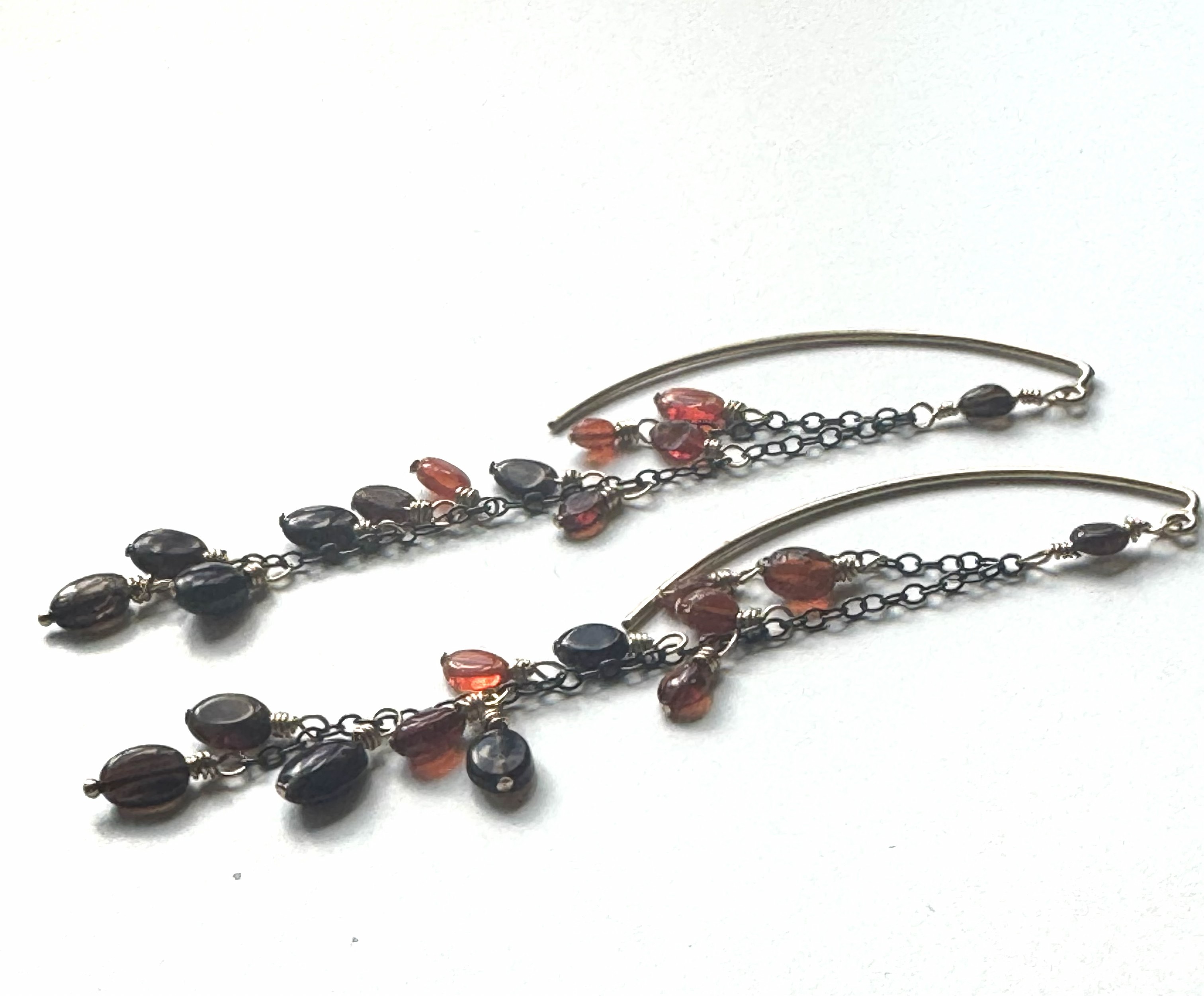 Ethiopian Opal thread earrings. Unique design in gold and oxidized silver