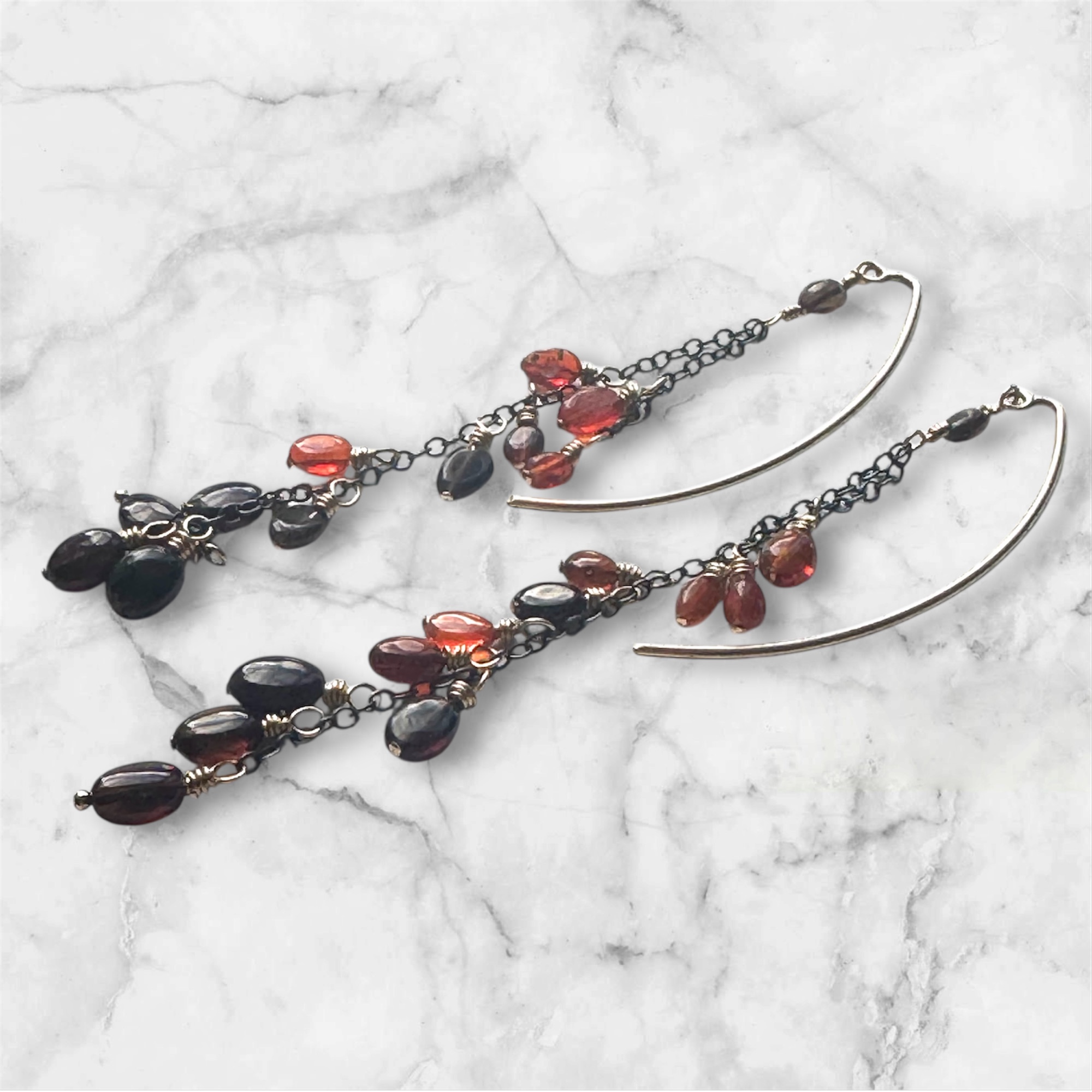 Ethiopian Opal thread earrings. Unique design in gold and oxidized silver