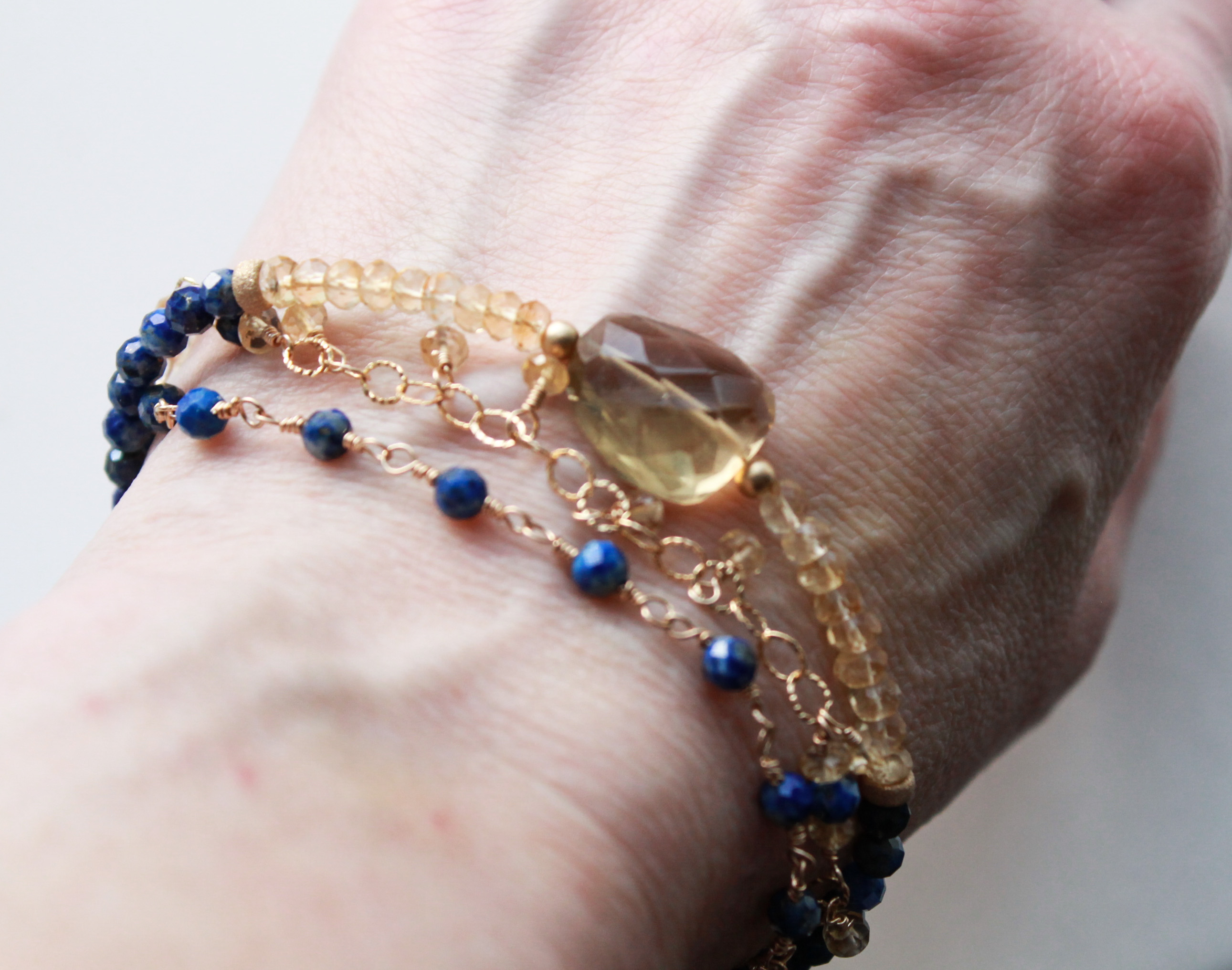 Handmade gemstone bracelet with Citrine and Lapis Lazuli
