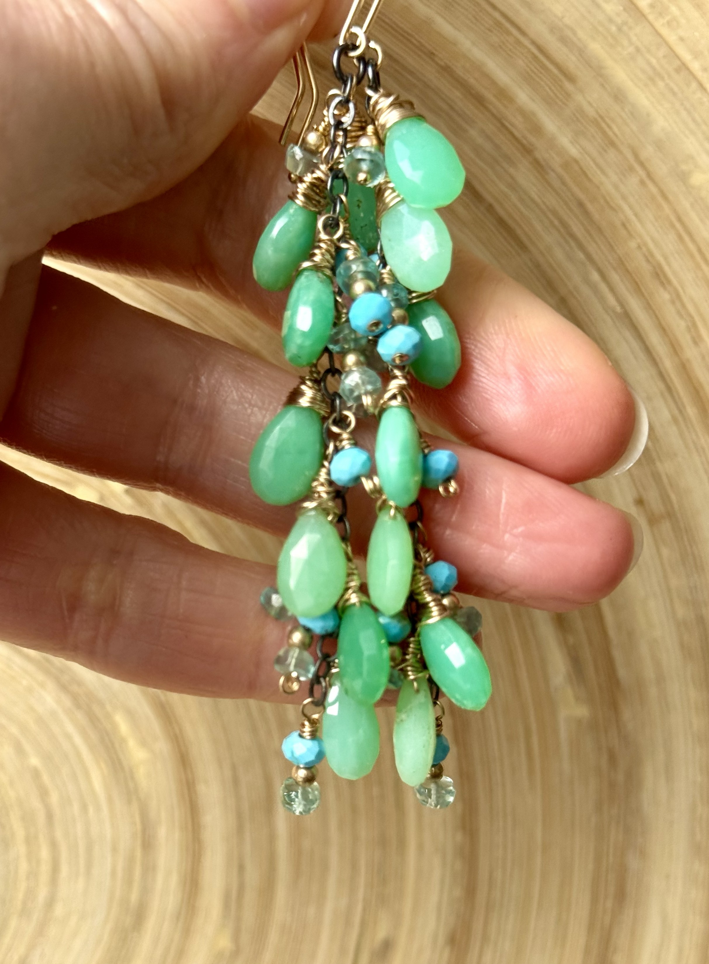 Long mixed metal earrings with Chrysoprase and Apatite gemstones