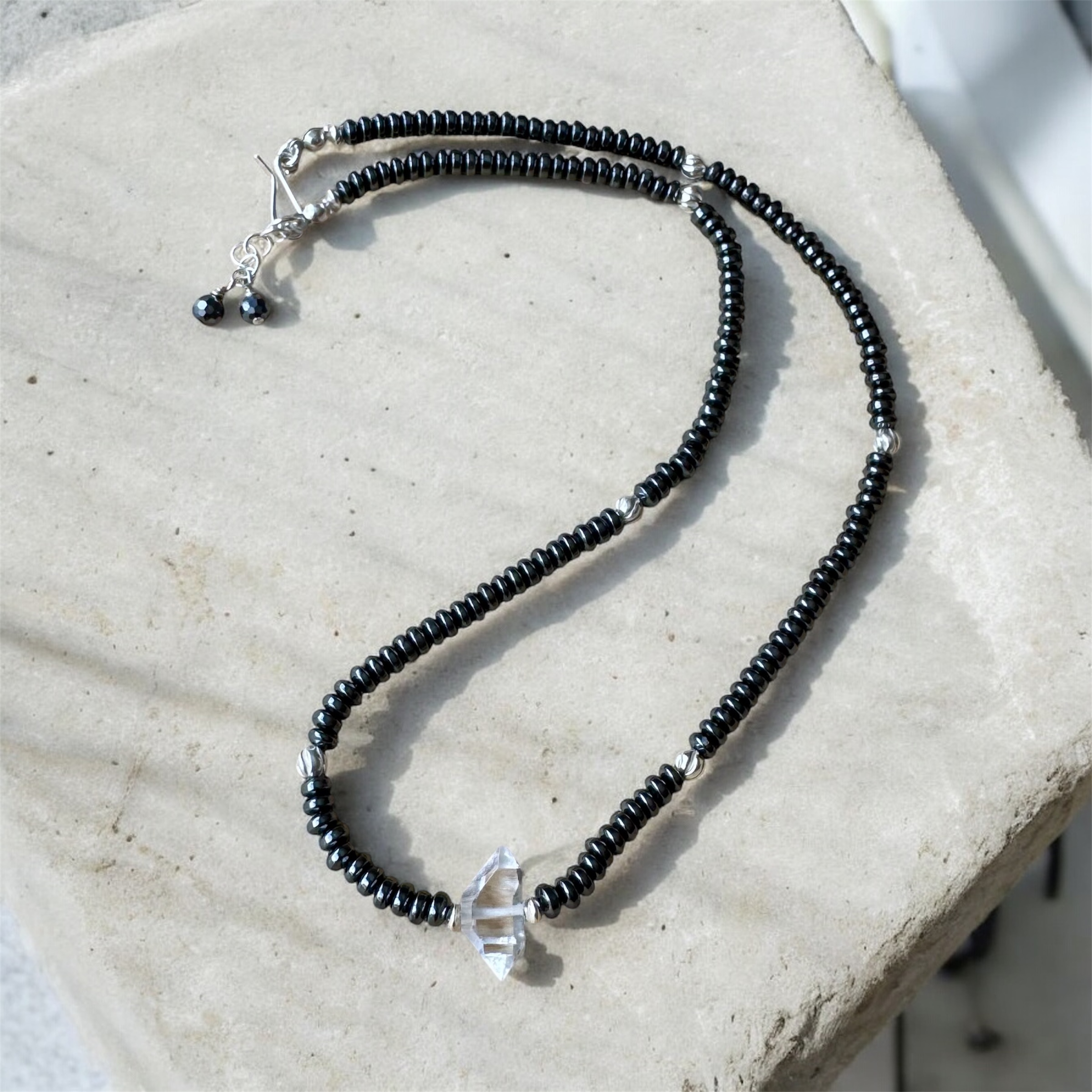 Beaded necklace with Hematite and Herkimer diamond
