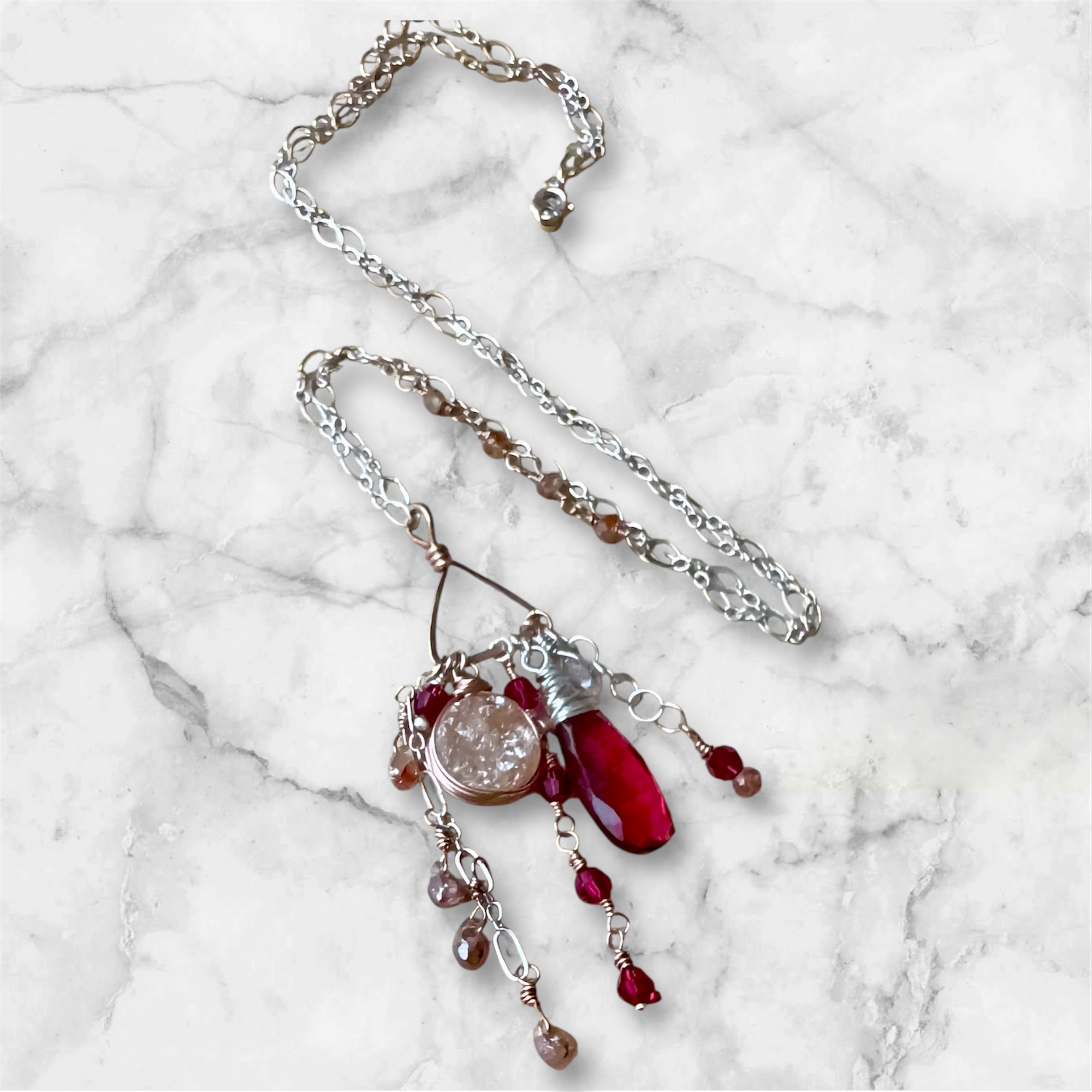 Handcrafted Red Crystal and Druzy stone Pendant Necklace