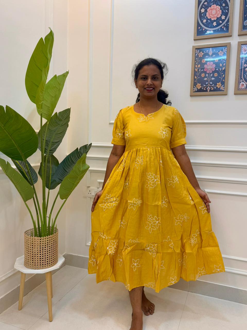 Yellow Cotton Embroidered Dress