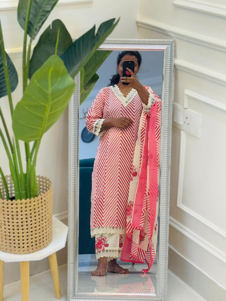 Pink Chevron Cotton Kurtha Set