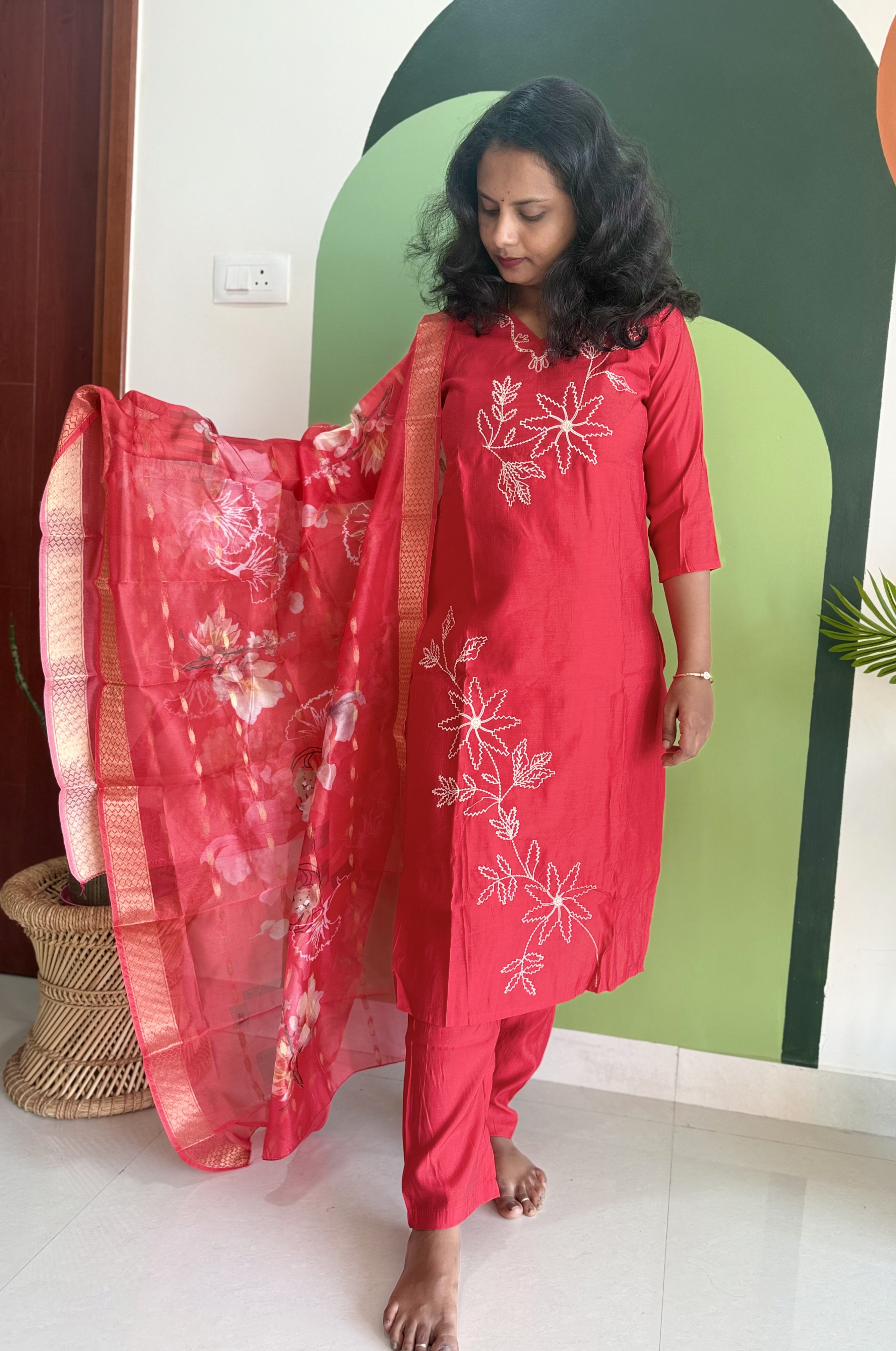 Red Floral Embroidered Kurta Set