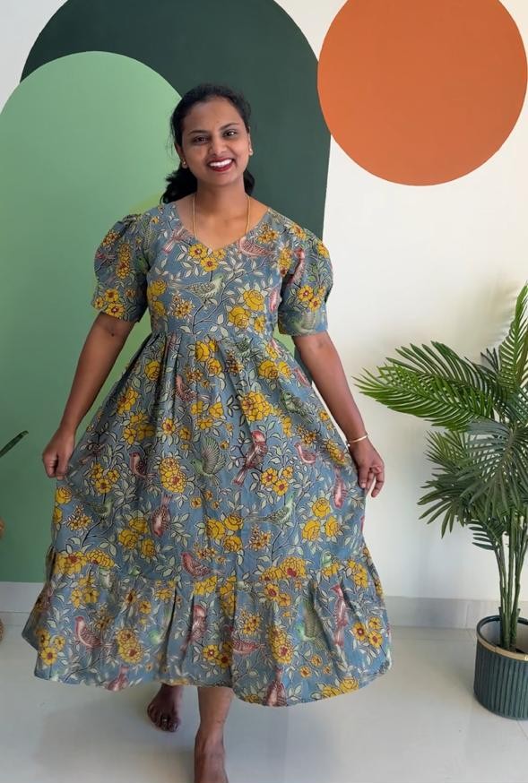 Floral Print Kalamkari blue Frock