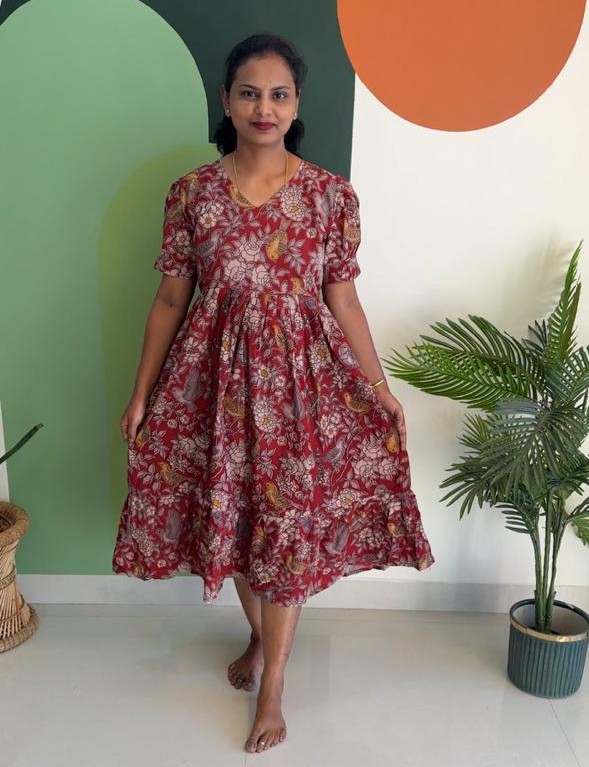 Floral Print Kalamkari Red Frock