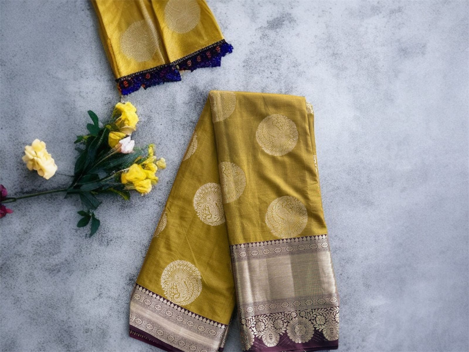 Mustard yellow with brown border Soft Pattu