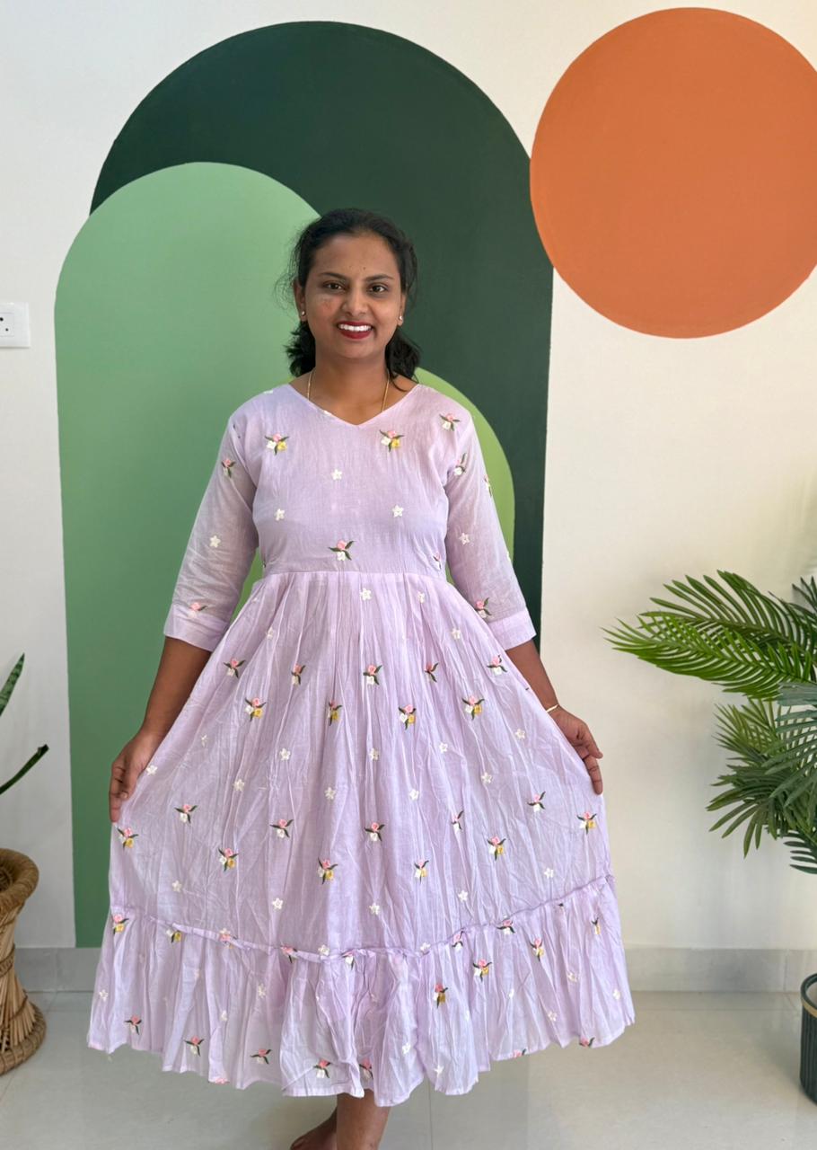 Lavender Floral Mul Cotton Pestal Color Frock