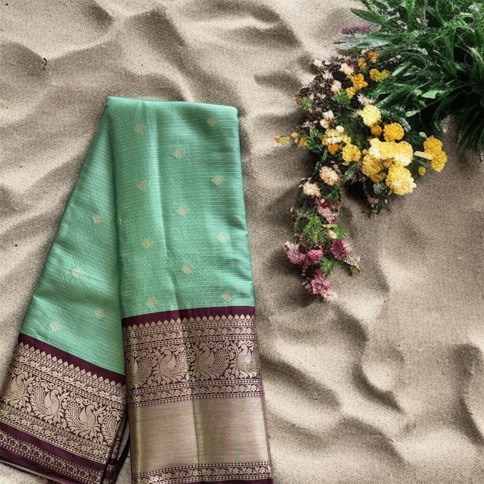 Light Green with Brow border Soft Pattu