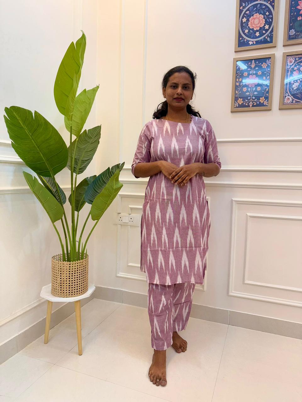 Ikat Printed Cotton Kurta Set