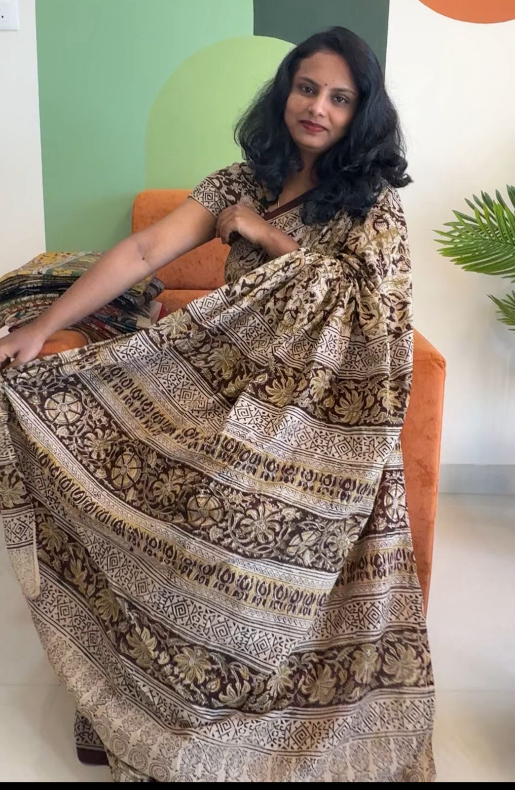 Handcrafted Elephant Print Kalamkari Saree SSKLM001