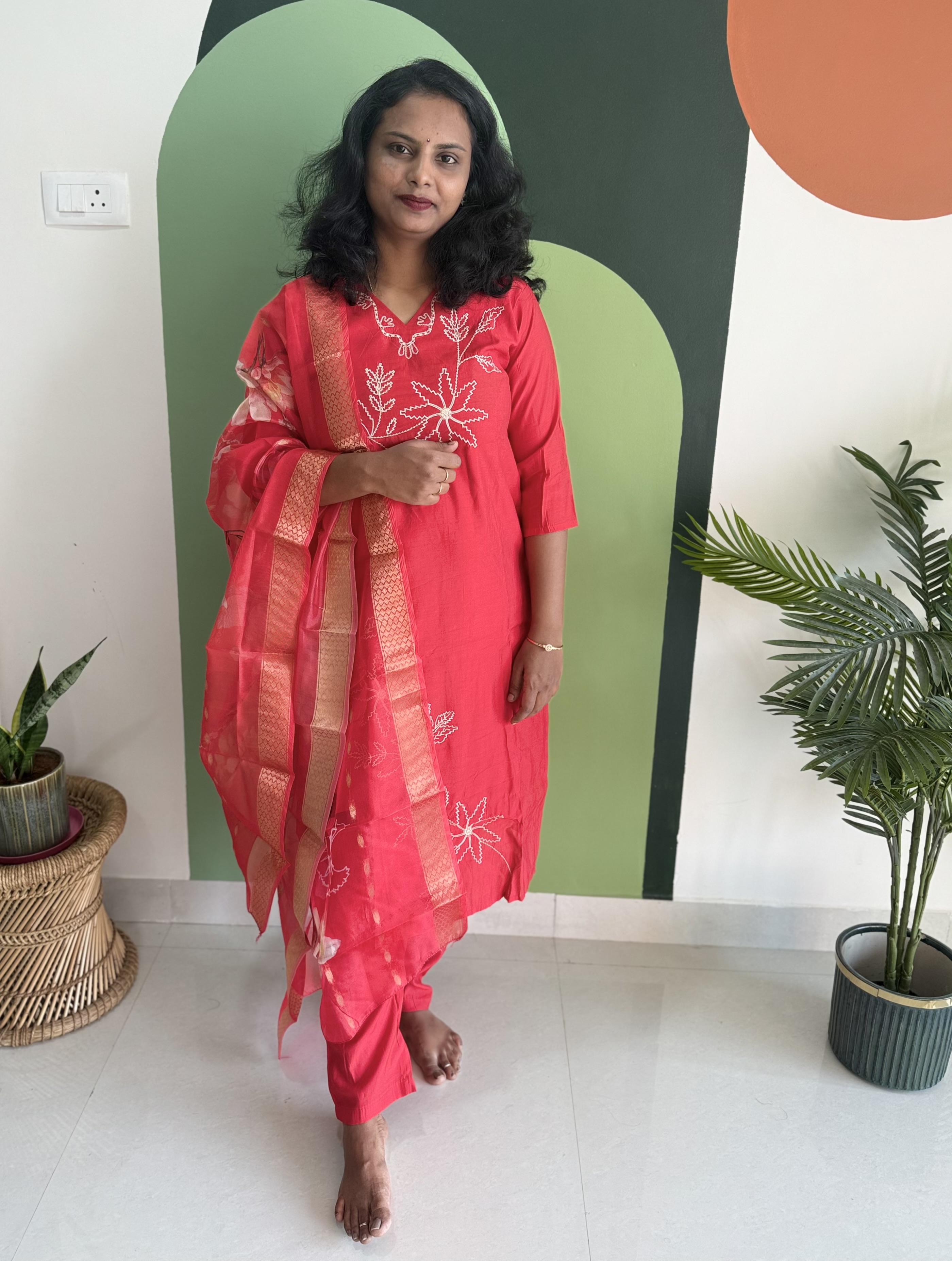 Red Floral Embroidered Kurta Set