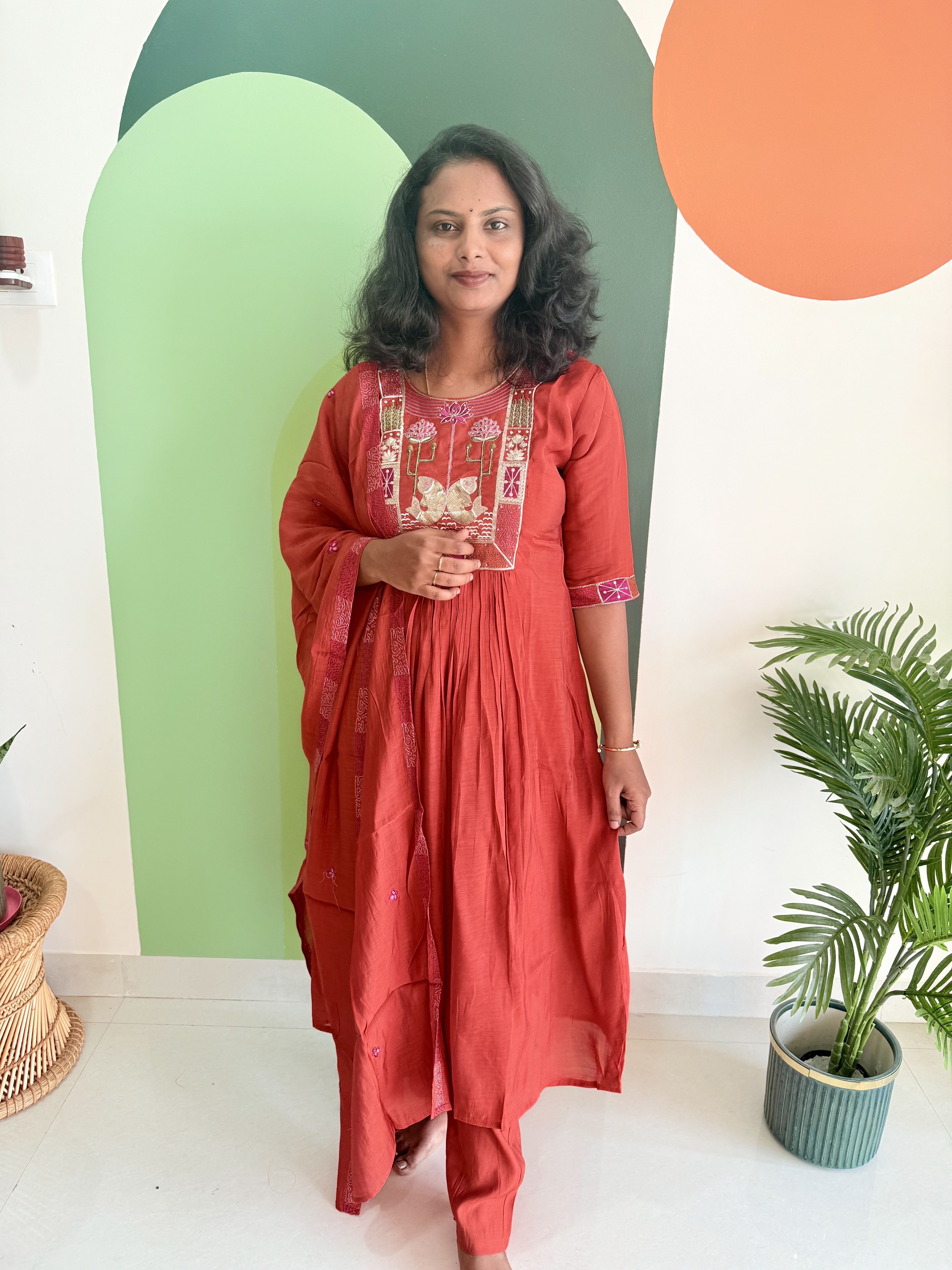 Rust Red Embroidered Straight Kurta Set