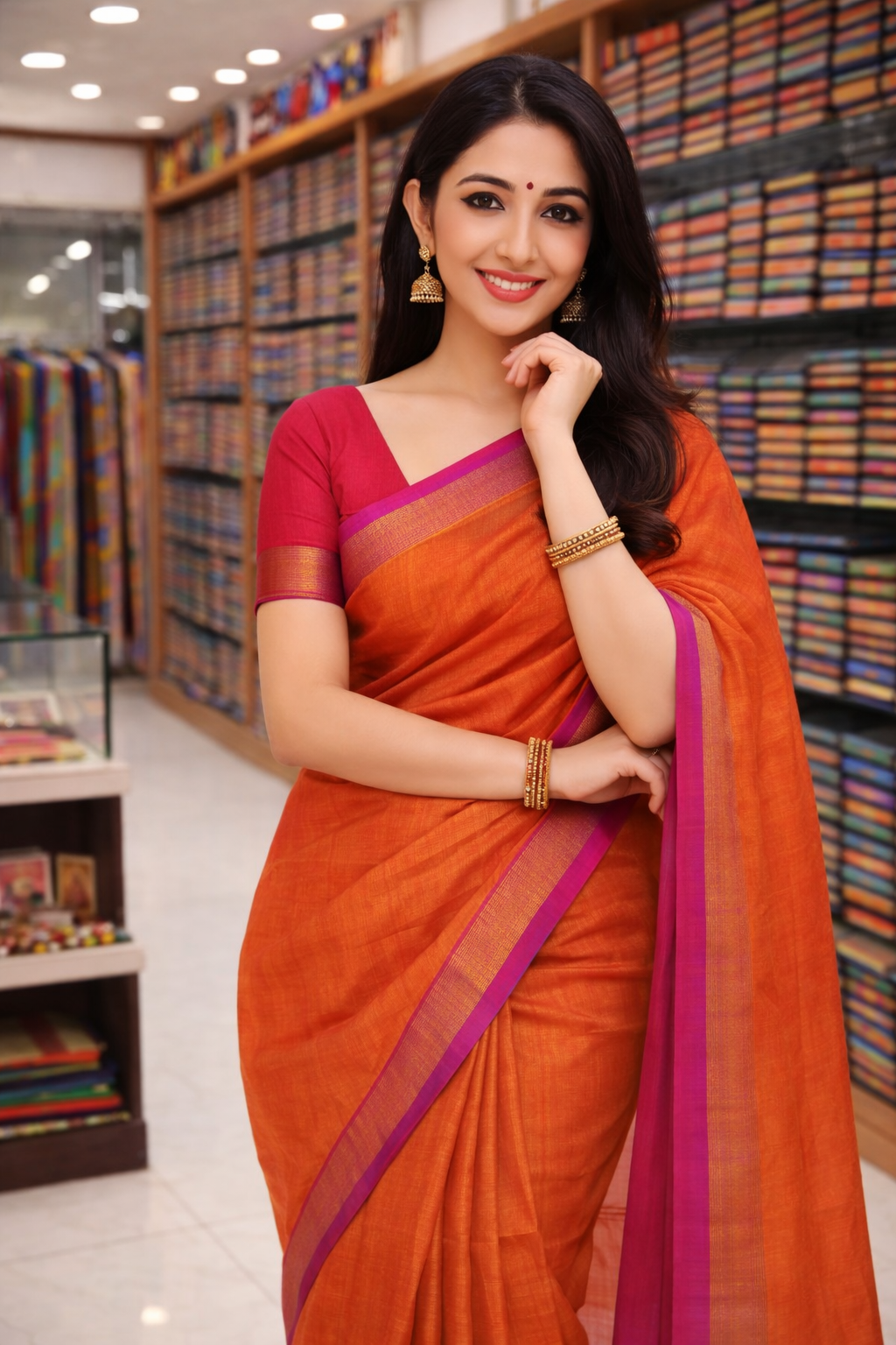 Tissu elegant Orange Handloom Saree