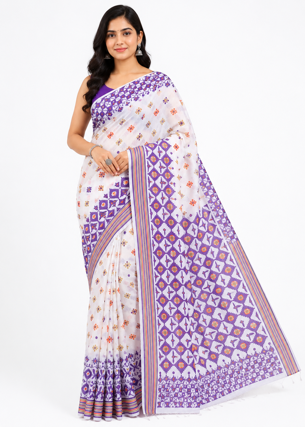 White & Purple Print Handloom Saree