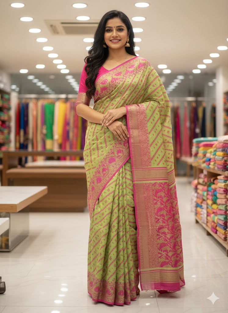 Green and Pink jamdani Saree