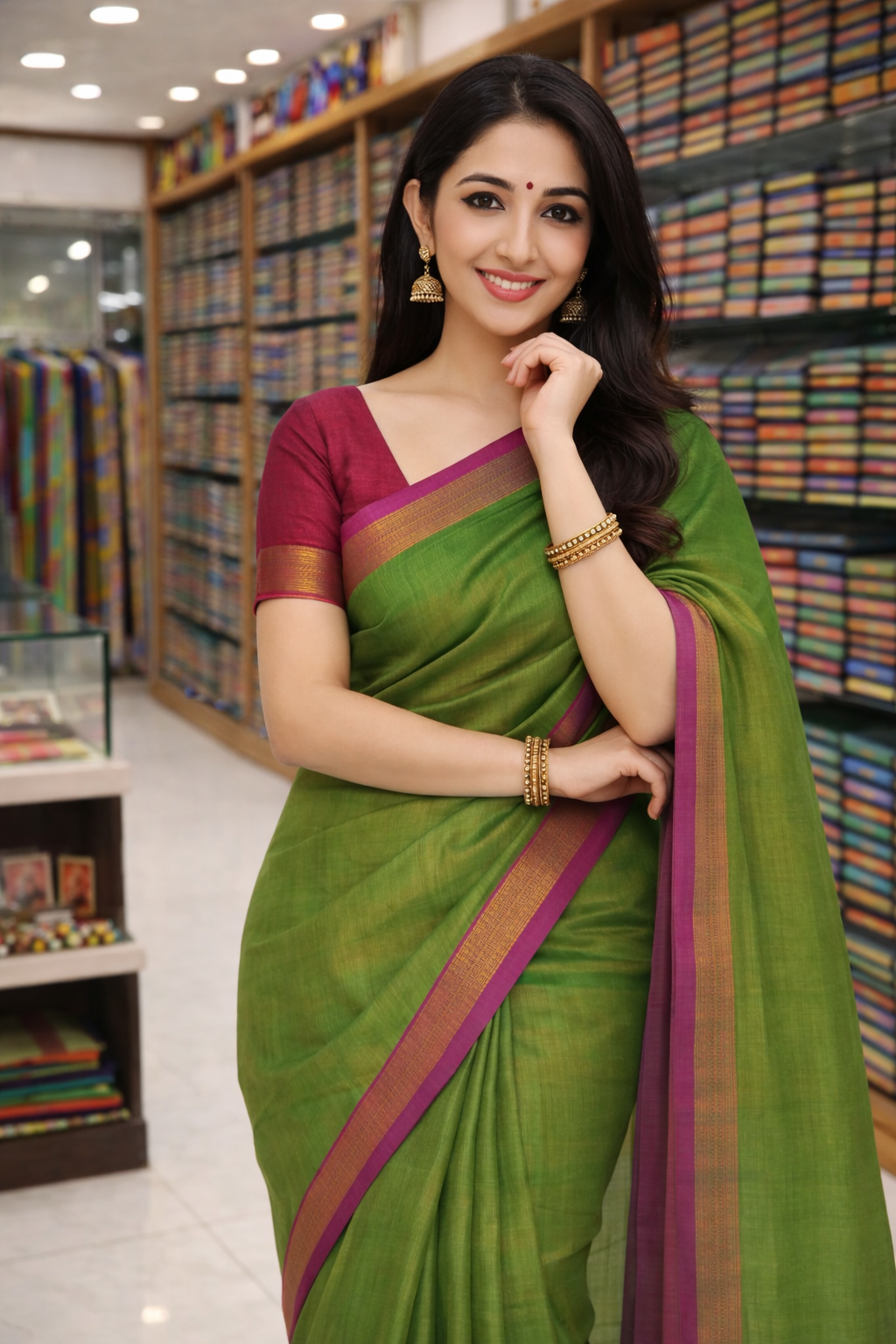 Tissu elegant Olive Green handeloom Saree