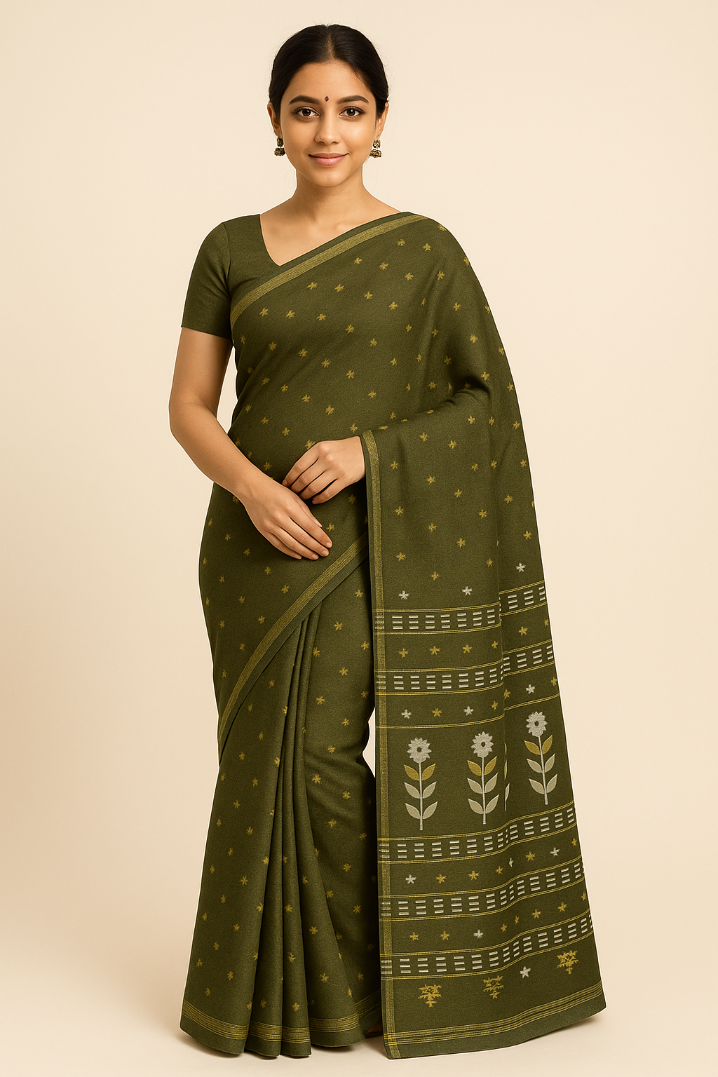 Olive Green Handloom Cotton Saree