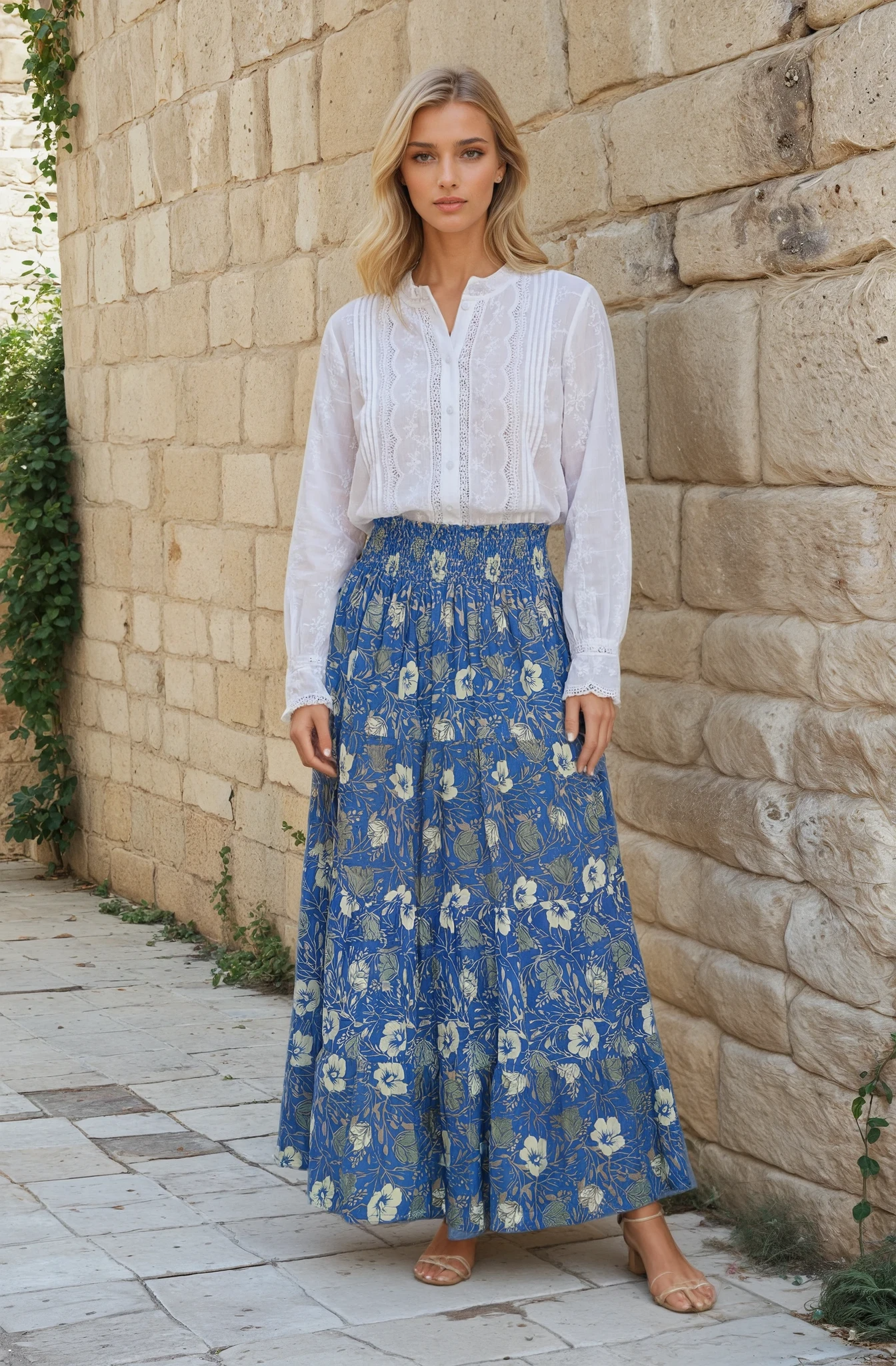 Jupe longue fleurie bleue