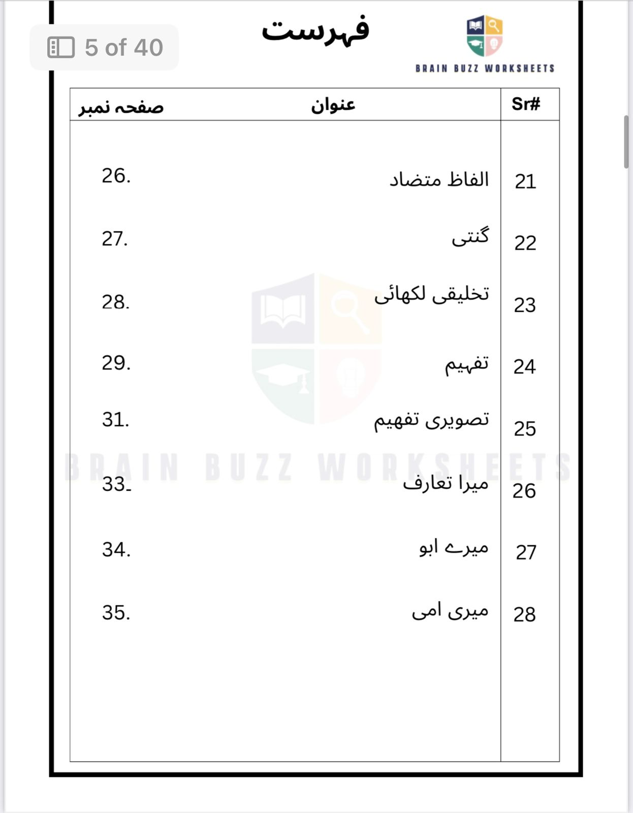 Urdu Admission Test Preparation Worksheet