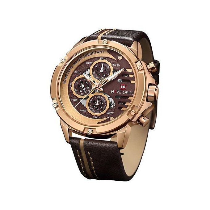Montre Naviforce Chronographe Analogique Étanche avec Date, Élégante et Design pour Homme, Idéale au Bureau et en Décontracté - Marron, Or