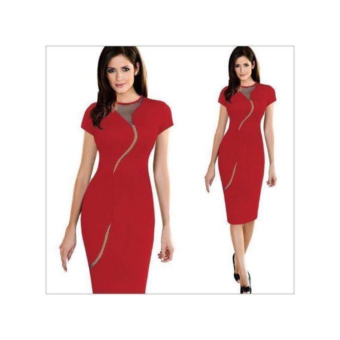 Robe longue rouge pour femme, taille haute, idéale pour le bureau.