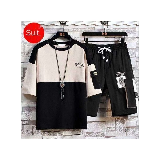 Ensemble short et haut à manches courtes en coton pour homme (2 en 1) - Noir