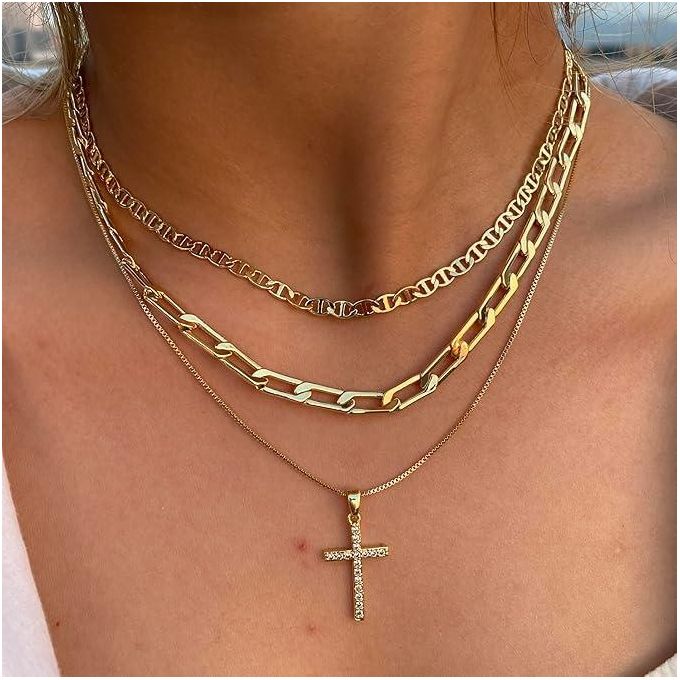 Collier croix pour femme, colliers empilables à superposer, délicat collier doré, chaîne plate style marin, pendentif croix et diamant CZ, bijou simple à offrir
