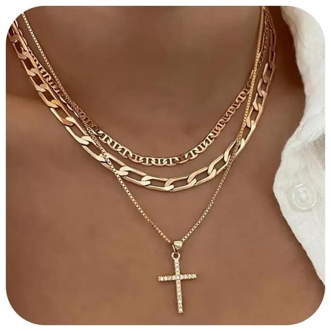 Collier croix pour femme, colliers empilables à superposer, délicat collier doré, chaîne plate style marin, pendentif croix et diamant CZ, bijou simple à offrir