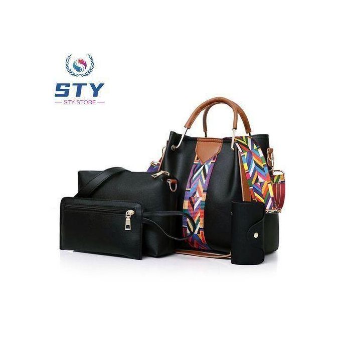 Ensemble de sacs STY 4 en 1 pour femmes : sacs à main, sacs bandoulière et portefeuille en cuir synthétique PU noir.