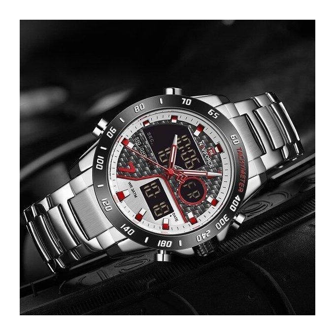 Montre Naviforce en acier inoxydable analogique et numérique pour homme - Argent, Argent