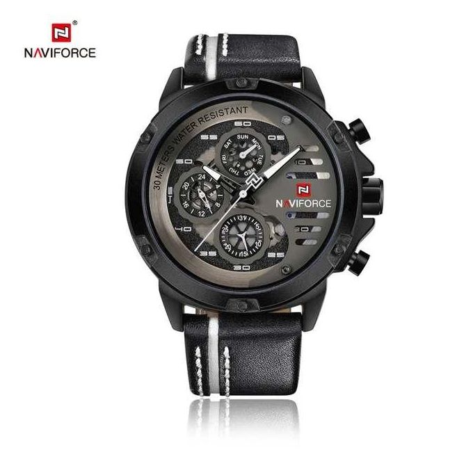 Naviforce à bracelet en cuir noir, élégante et tendance, avec date.