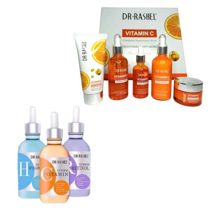 Coffret Dr Rashell - Soin éclaircissant et anti-âge à la vitamine C (5 pièces) et coffret complet de sérums pour le visage (3 unités).