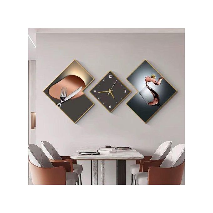 Ensemble moderne de 3 décorations murales pour salle à manger avec horloge silencieuse intégrée - Multicolore