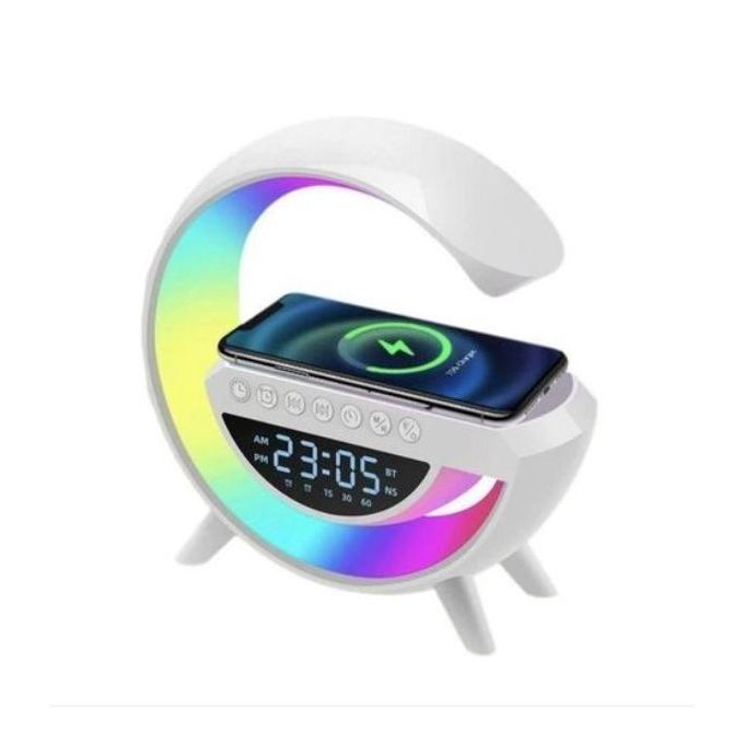 Enceinte sans fil avec chargeur intégré - Réveil portable sans fil, lecteur MP3 avec veilleuse et lampe d'ambiance multicolore - Blanc