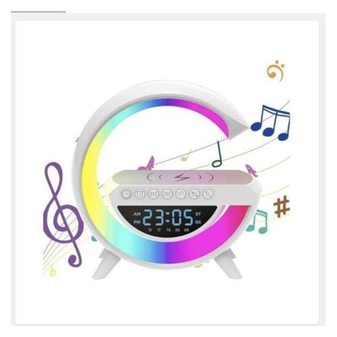 Enceinte sans fil avec chargeur intégré - Réveil portable sans fil, lecteur MP3 avec veilleuse et lampe d'ambiance multicolore - Blanc