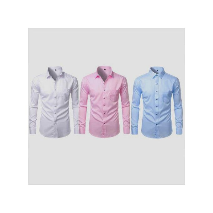 Ensemble de 3 chemises de bureau en coton pour homme, manches longues - Blanc, Bleu et Rose