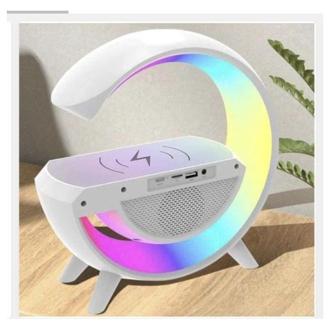 Enceinte sans fil avec chargeur intégré - Réveil portable sans fil, lecteur MP3 avec veilleuse et lampe d'ambiance multicolore - Blanc