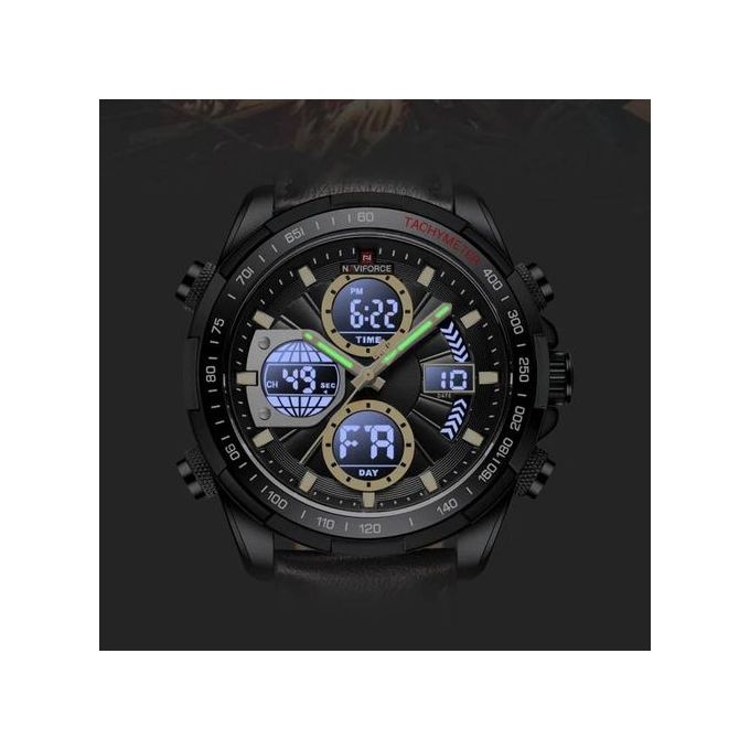 Montre chronographe sport homme Naviforce en similicuir, affichage numérique et analogique - Noir, Marron