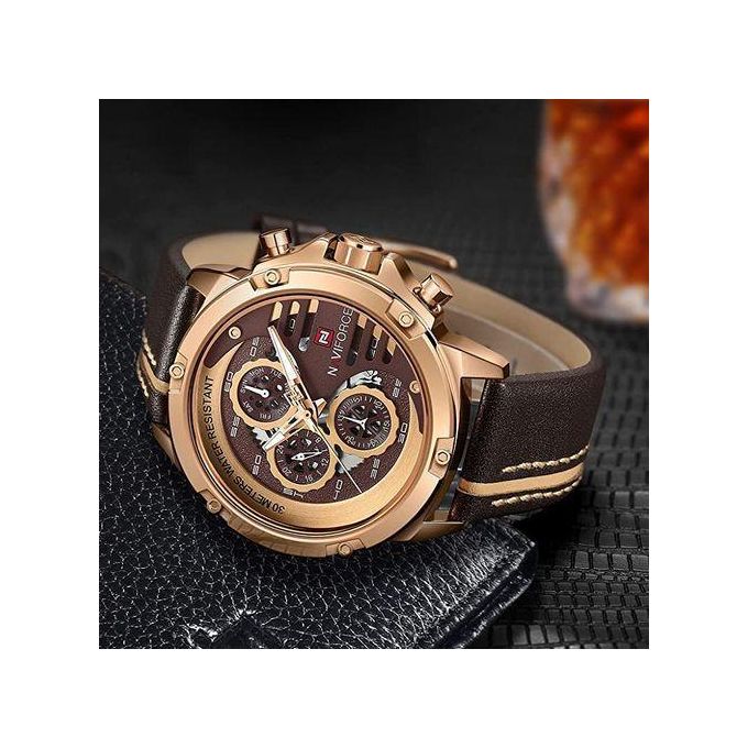 Montre Naviforce Chronographe Analogique Étanche avec Date, Élégante et Design pour Homme, Idéale au Bureau et en Décontracté - Marron, Or