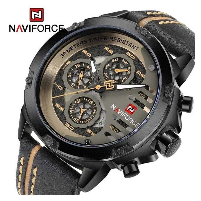 Naviforce à bracelet en cuir noir, élégante et tendance, avec date.