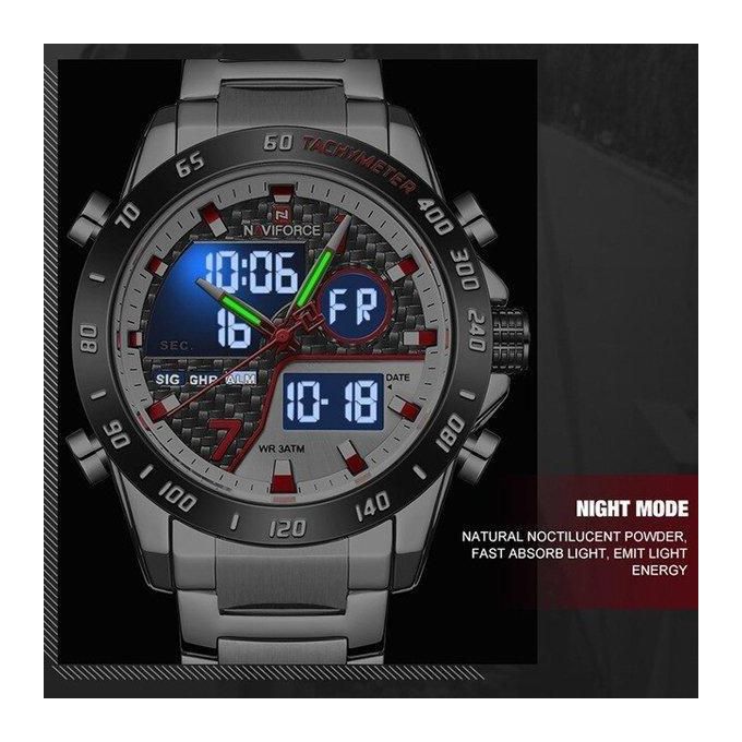 Montre Naviforce en acier inoxydable analogique et numérique pour homme - Argent, Argent