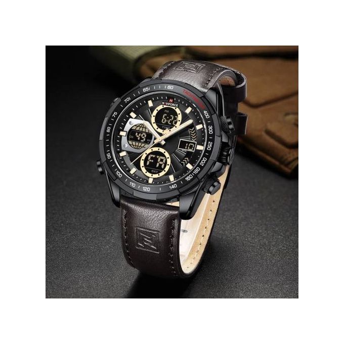 Montre chronographe sport homme Naviforce en similicuir, affichage numérique et analogique - Noir, Marron