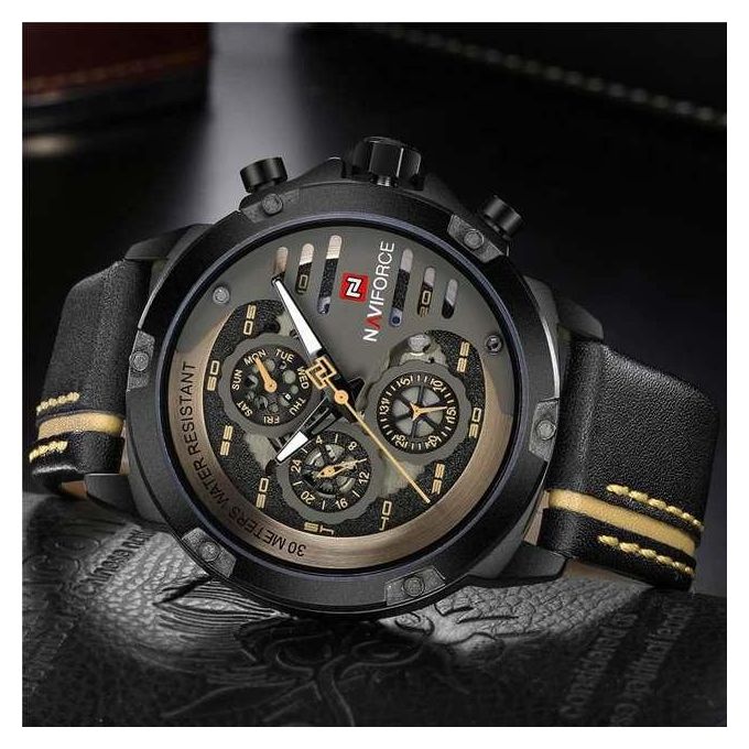 Naviforce à bracelet en cuir noir, élégante et tendance, avec date.